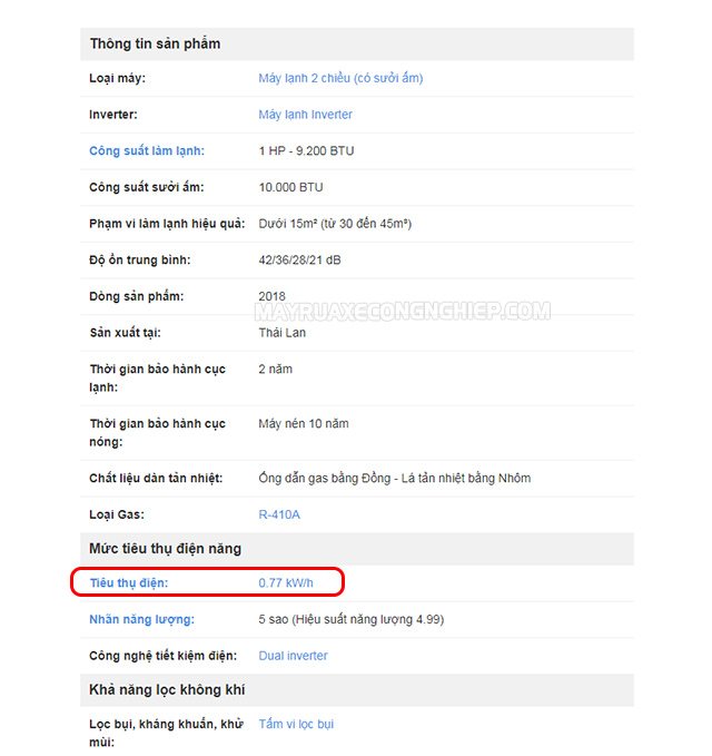 Xem lượng điện tiêu thụ của điều hòa tại bản thông số kỹ thuật